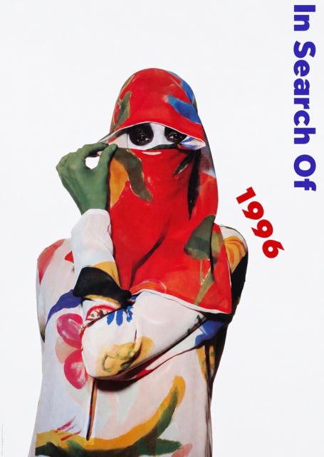 In Search Of 1996 poster: a figure in a printed hood and gloves.
