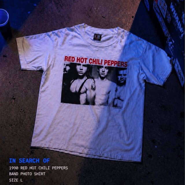 ISO campaign frame: 1990 Red Hot Chili Peppers band photo shirt.